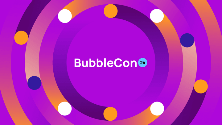 "BubbleCon24" being orbited by circles in blue orange and white on a purple gradient.