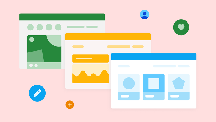 A mockup of different web apps: one green, one yellow, one blue, all with different features.