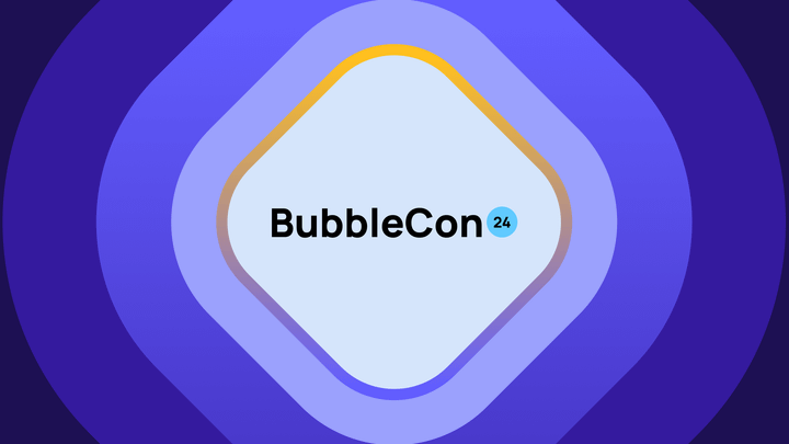 BubbleCon24 in the center of a number of rounded squares making a ripple effect