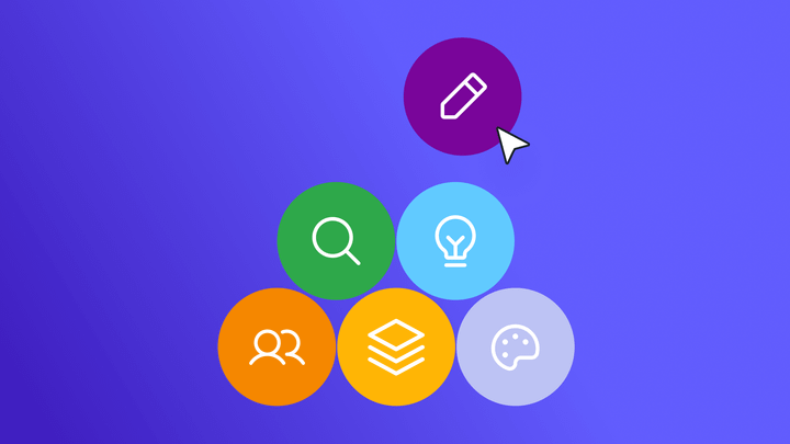Circles with icons like a user, tech stack, lighbulb arranged to form a pyramid. A pencil icon is being added to the top
