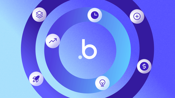The Bubble "B" being orbited by several icons, including a tech stack, clock, and lightbulb.