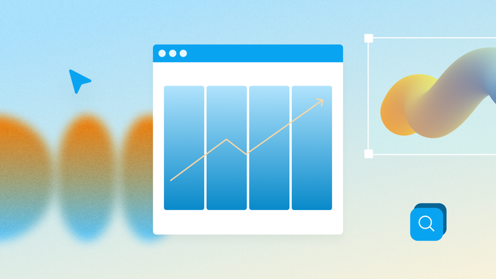 An assortment of web design elements including gradients, 3D animation, and icons.