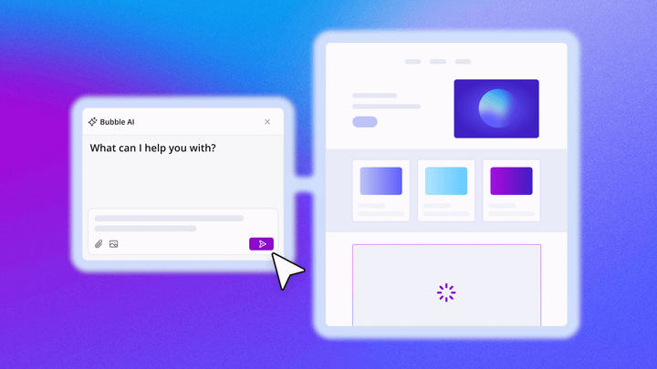 A mockup of Bubble AI creating a web page and communicating with its chatbot.