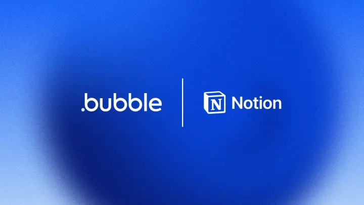 Bubble and Notion's wordmarks on a blue gradient background.