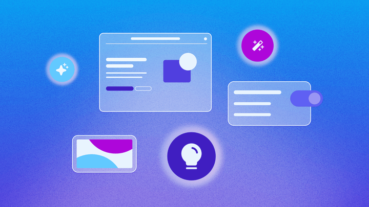 Web modules like a toggle and image floating around with AI icons on a blue gradient.