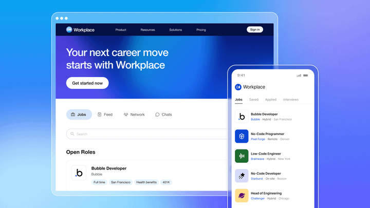 A web and mobile app for Workplace, a jobs app built on Bubble