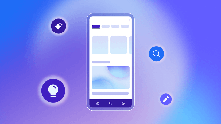 A mobile app with different icons, including a lightbulb, pencil, and magnifying glass floating around