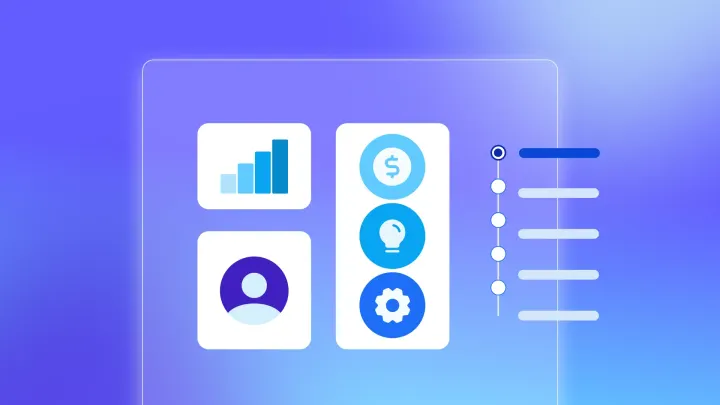 Three modules: a chart, user profile, a list of money, lightbulb, and gear icons, and a checklist