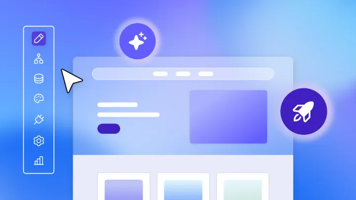 An app being built in the Bubble editor with a rocket and AI icon floating over the top