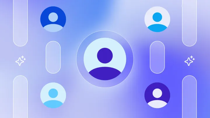 User icons with downward rows of pills and AI sparkle icons on a blue and purple gradient.