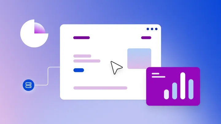 An app dashboard with a bar chart, data icon, and a pie chart