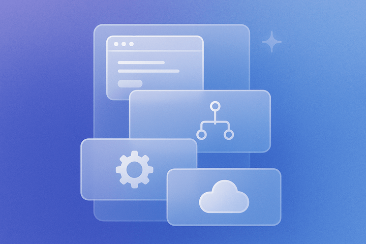 A cloud, gear, and branch icon floating over a web app 