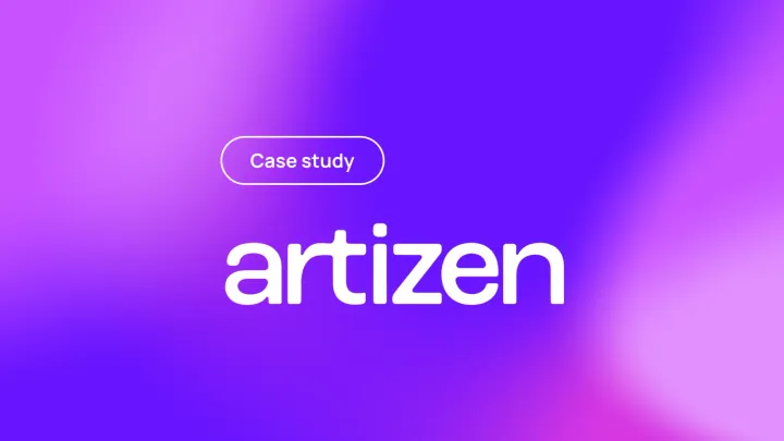Artizen case study title card with white Artizen logo on purple gradient background