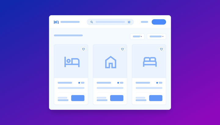 Hotel booking app UI mockup with search bar, filters, and three listing cards with bed and home icons and favorite heart buttons