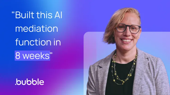 Renee Jackson next to a quote "Built this AI mediation function in 8 weeks" on a gradient background.