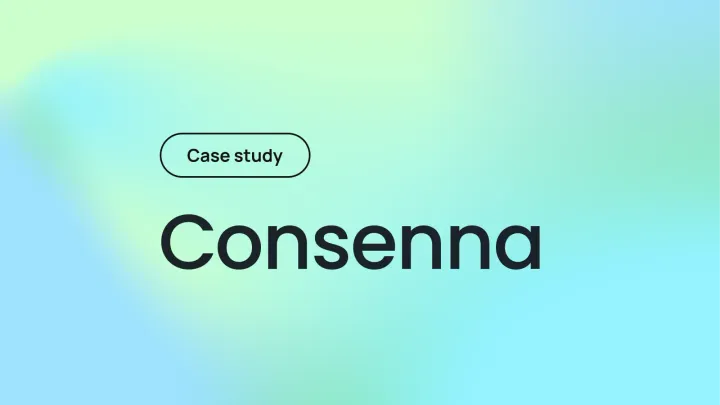 The Consenna wordmark with a pill that says "case study" on a gradient background.
