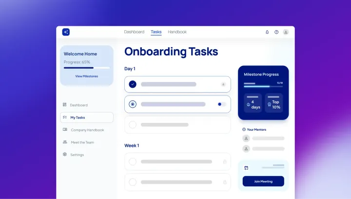 Employee onboarding software dashboard showing Onboarding Tasks, progress 65%, milestone progress 12/18, mentors list, and Join Meeting button