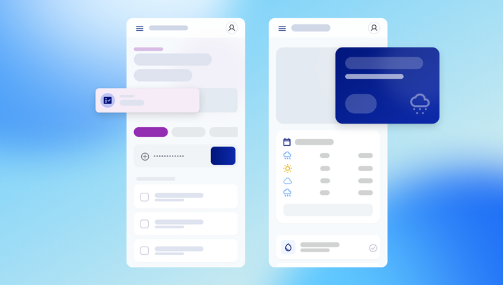 Mobile app UI design mockups with menu and profile icons, notification card, weather list, and credit card widget on blue gradient background
