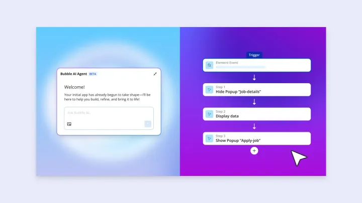 Bubble AI Agent welcome chat beside automation workflow: Trigger Element Event, hide job-details popup, display data, show Apply-job popup