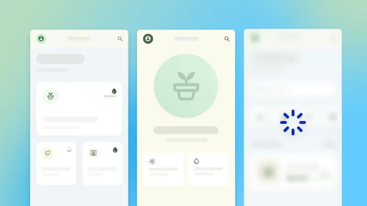 Three mobile app UI screens with plant icon cards and a loading spinner, minimalist green design for a plant care dashboard