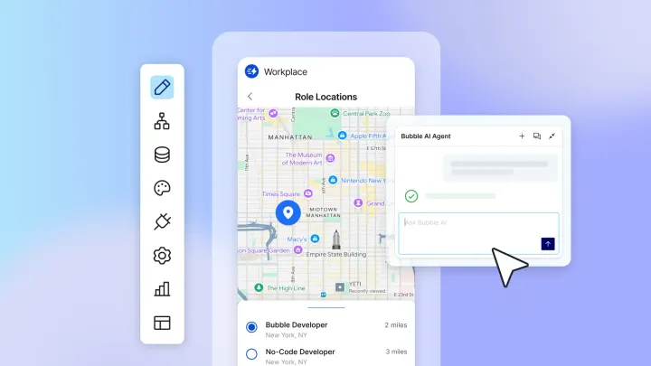 Bubble app builder UI showing Workplace Role Locations map and Bubble AI Agent chat panel over Manhattan, New York