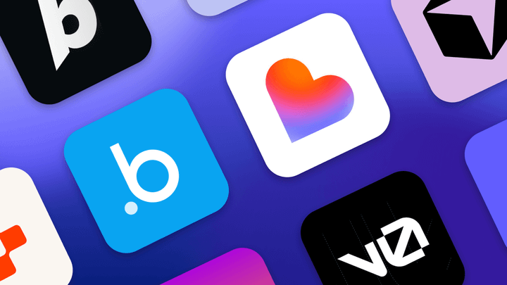 Collage of app icons for vibe coding tools on purple background, including gradient heart, b., p, and v0 logos