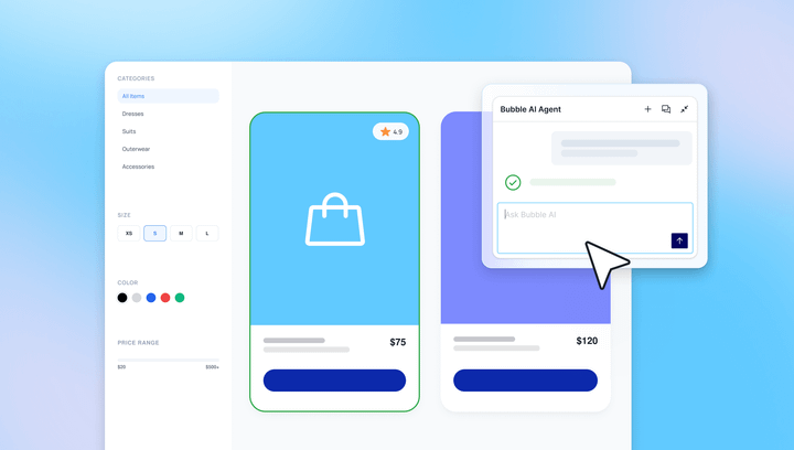 Ecommerce product page mockup with item filters, shopping bag card, and Bubble AI Agent chat box asking Ask Bubble AI
