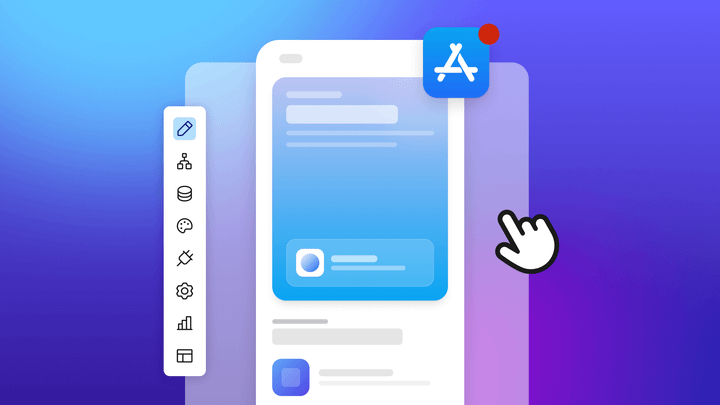 App Store icon with notification badge over a mobile app screen mockup, cursor hand clicking, illustrating iOS app publishing process