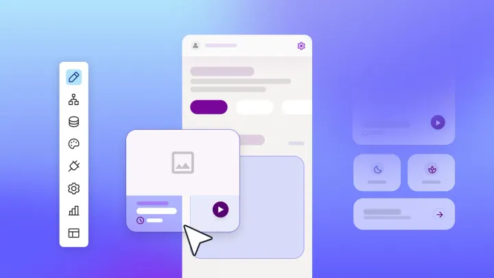 Low-code app builder UI mockup with draggable web page components, toolbar icons, and cursor on a purple-blue gradient background