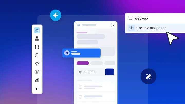 No-code web app builder interface with sidebar icons and cursor selecting Create a mobile app under Web App menu