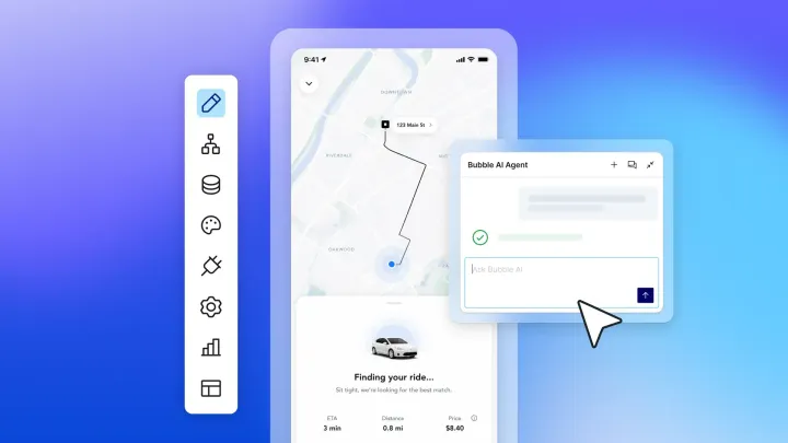 A rideshare mobile app being built in a visual editor and with an AI Agent chat.
