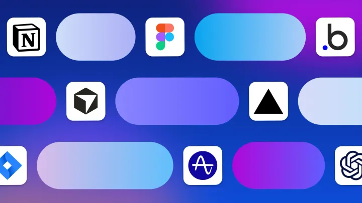 Notion, Figma, Bubble, Airtable, and OpenAI logos on a blue-purple gradient background with rounded UI bars representing product development tools