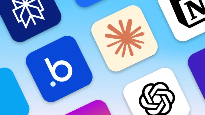 AI app icons on blue background, including OpenAI logo and other startup tools in a flat illustration style