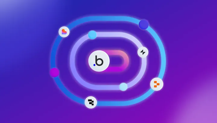AI workflow diagram with .b logo in center and app icons orbiting on a purple gradient background, representing collaborative AI app builder