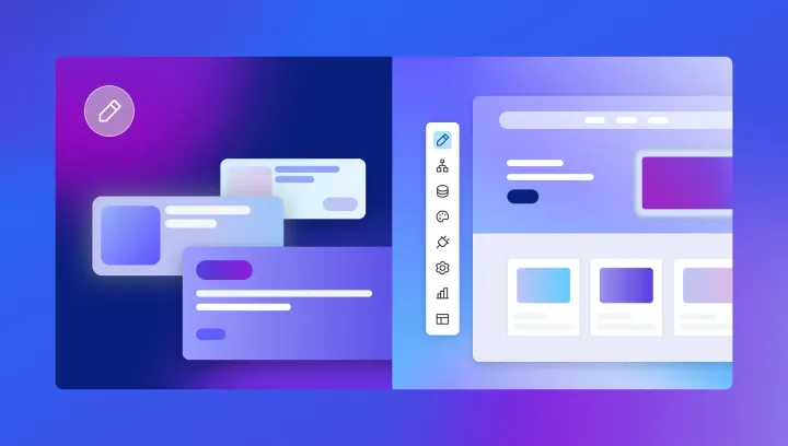 Website builder interface with drag-and-drop page blocks, sidebar tools, and a blog directory layout on a blue-purple gradient background