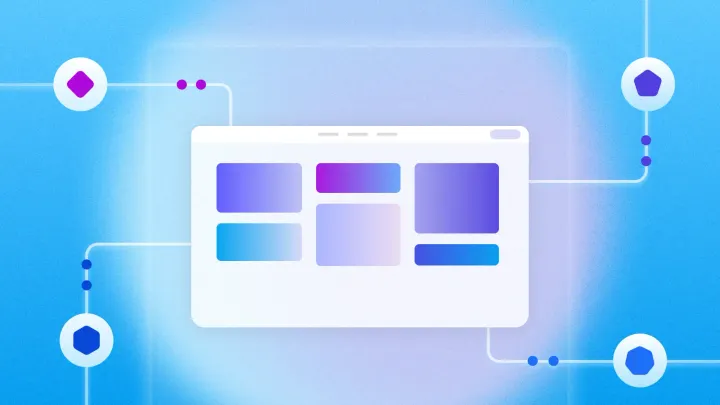 No-code project management dashboard illustration with connected workflow nodes and colorful app blocks on a blue gradient background