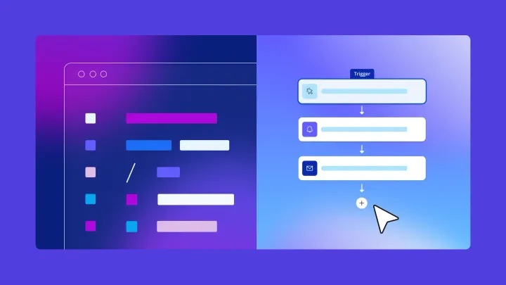 Visual programming vs coding concept: UI blocks on left, automation workflow on right with Trigger, alerts, email steps and cursor icon
