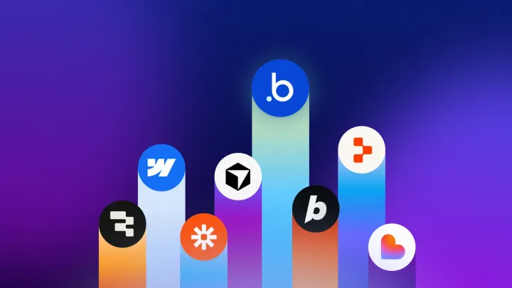 Logos on a bar chart, including Lovable, Replot, Bubble, and Webflow