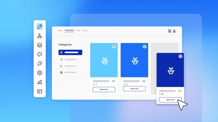 Ecommerce app builder UI showing Collections page with product cards, category filters, $45 price, and Add to Cart button, blue theme