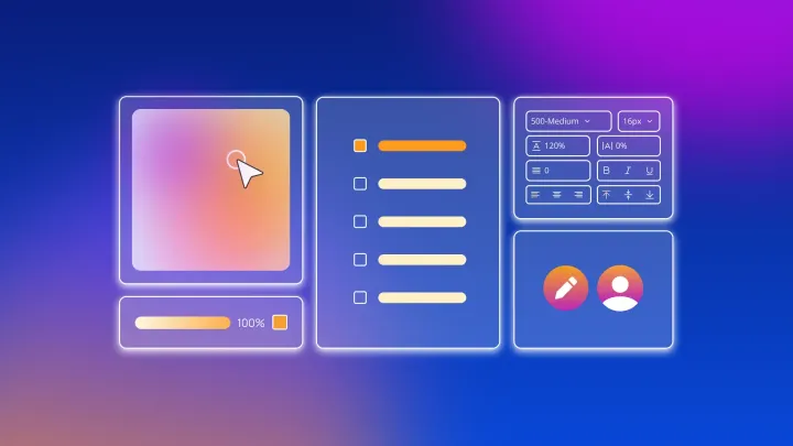 A representation of core brand elements including icons, color picker, and typeface.