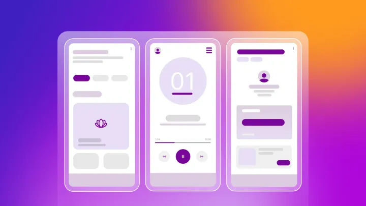3 screens from a mobile fitness app being built, including a feed, a timer and music player, and a user profile