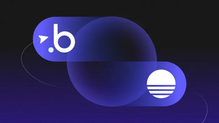 Bubble and Base44 logos on connected purple shapes, showing Bubble vs Base44 comparison on dark gradient background
