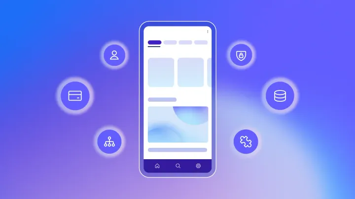Fintech mobile app UI mockup with icons for user profile, card payments, secure login, database, API integration, and settings on purple background