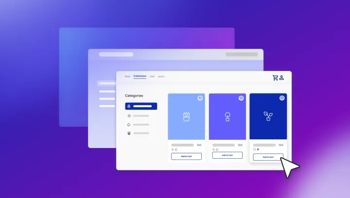 Ecommerce website UI mockup showing plant product cards, Categories sidebar, $45 price and Add to Cart buttons, with cursor clicking Add to Cart