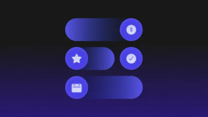 Subscription pricing UI with purple toggle bars and icons for payments, premium features, and recurring billing calendar