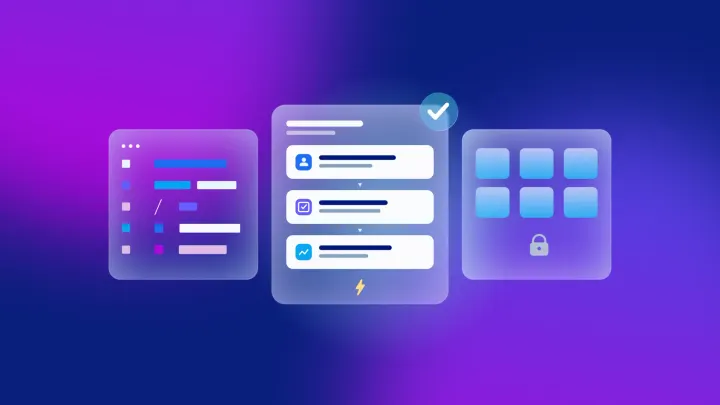 Low-code app builder illustration with UI panels, workflow checklist, and secure grid icons on a purple-blue gradient background