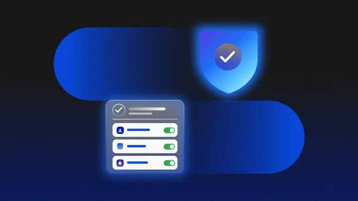 Blue shield with checkmark over app settings toggles, symbolizing no-code security and access controls