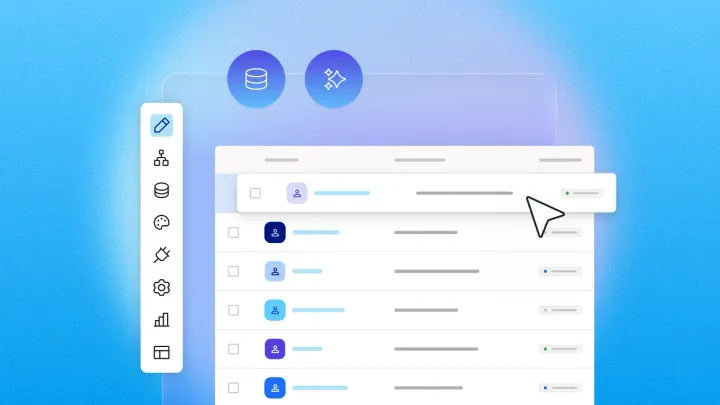 CRM builder dashboard UI with customer list, sidebar icons and cursor selecting a record on blue background
