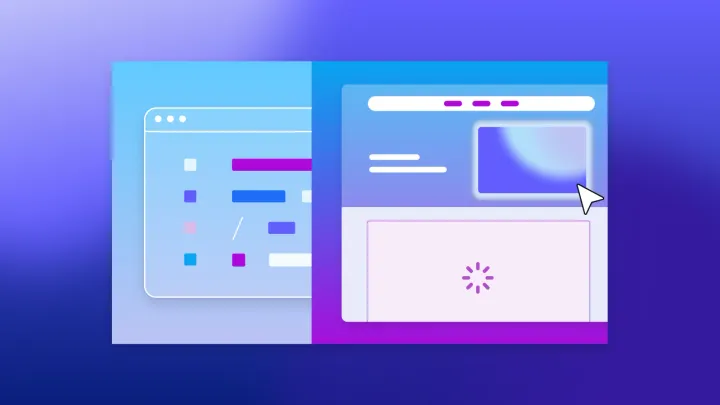 Illustration of no-code web builder and website preview with cursor and loading icon, representing vibe coding and app development