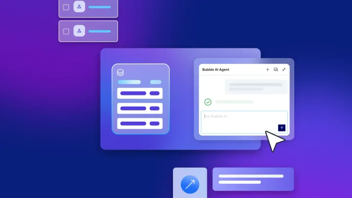 Bubble AI Agent chat window with Ask Bubble AI input beside a database icon, illustrating AI setting up app databases